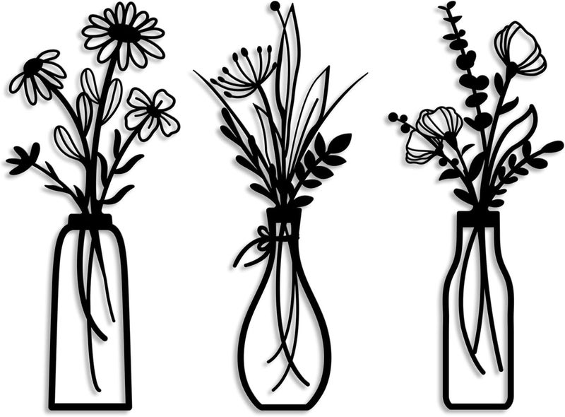 Pigort 3 Pieces Metal Flowers Wall Arts - Rustic Farmhouse Decor Black Minimalist Flower Wall Decors for Living room Bathroom Bedroom Dining Room - Housewarming Gifts(Black, Vase-C) - Image 1